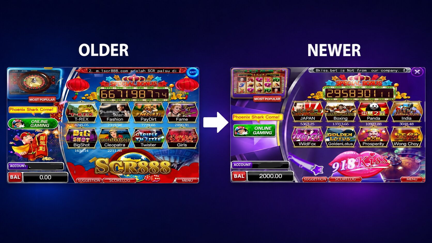 Comparison of the older SCR888 lobby interface next to the newer 918Kiss lobby interface, showing the same familiar layout carried forward