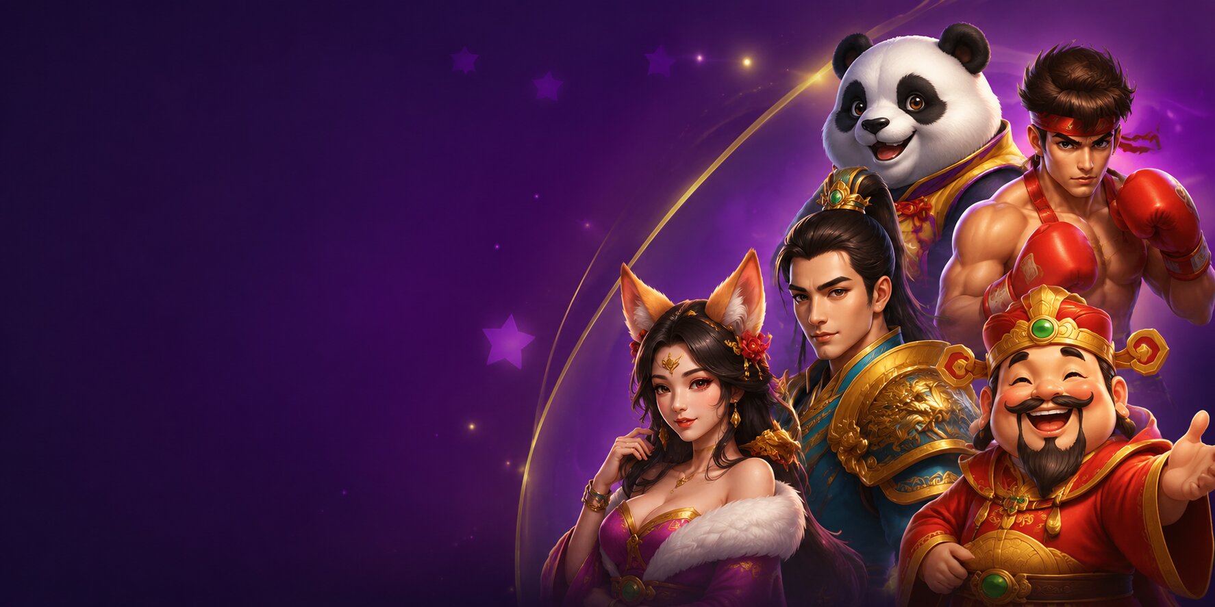 918Kiss cast of game characters — fox spirit, warrior prince, lucky panda, boxer and the god of fortune — gathered under a golden comet arc